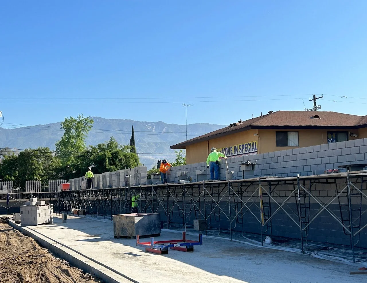 Structural masonry wall construction in progress